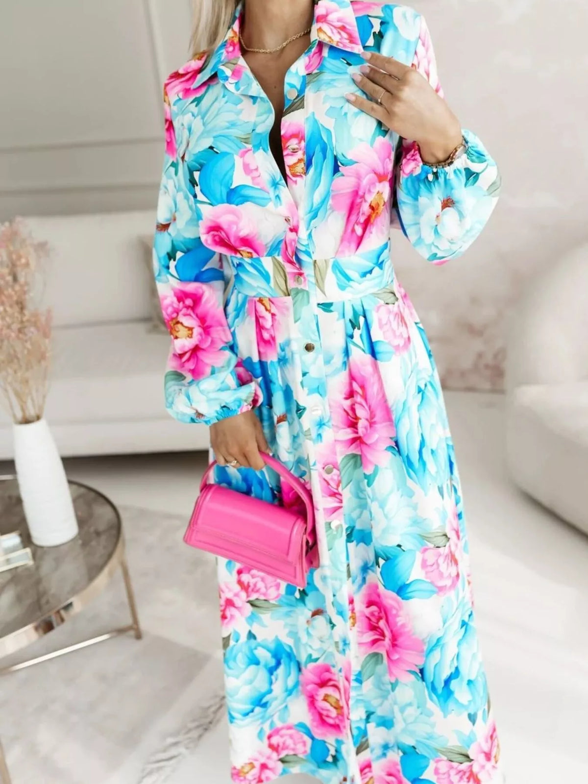 Long Sleeve Ruched Maxi Shirt Dress