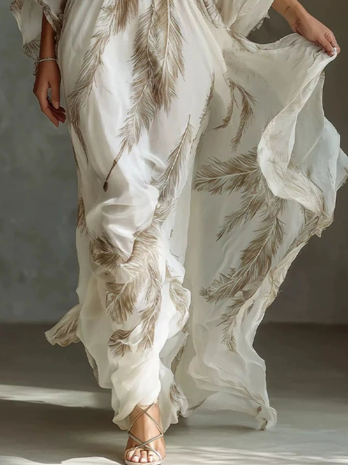 Feather Print V-Neck Flowy Maxi Dress