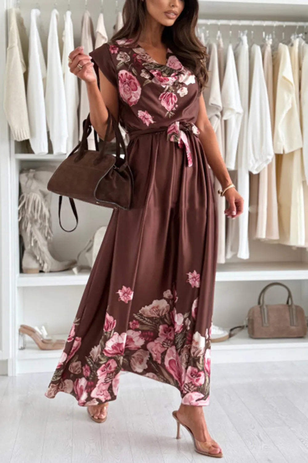 Floral Cap Sleeve Dress with Tie Belt
