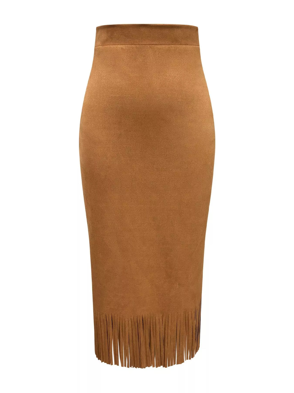 High-Waisted Suede Fringe Midi Skirt