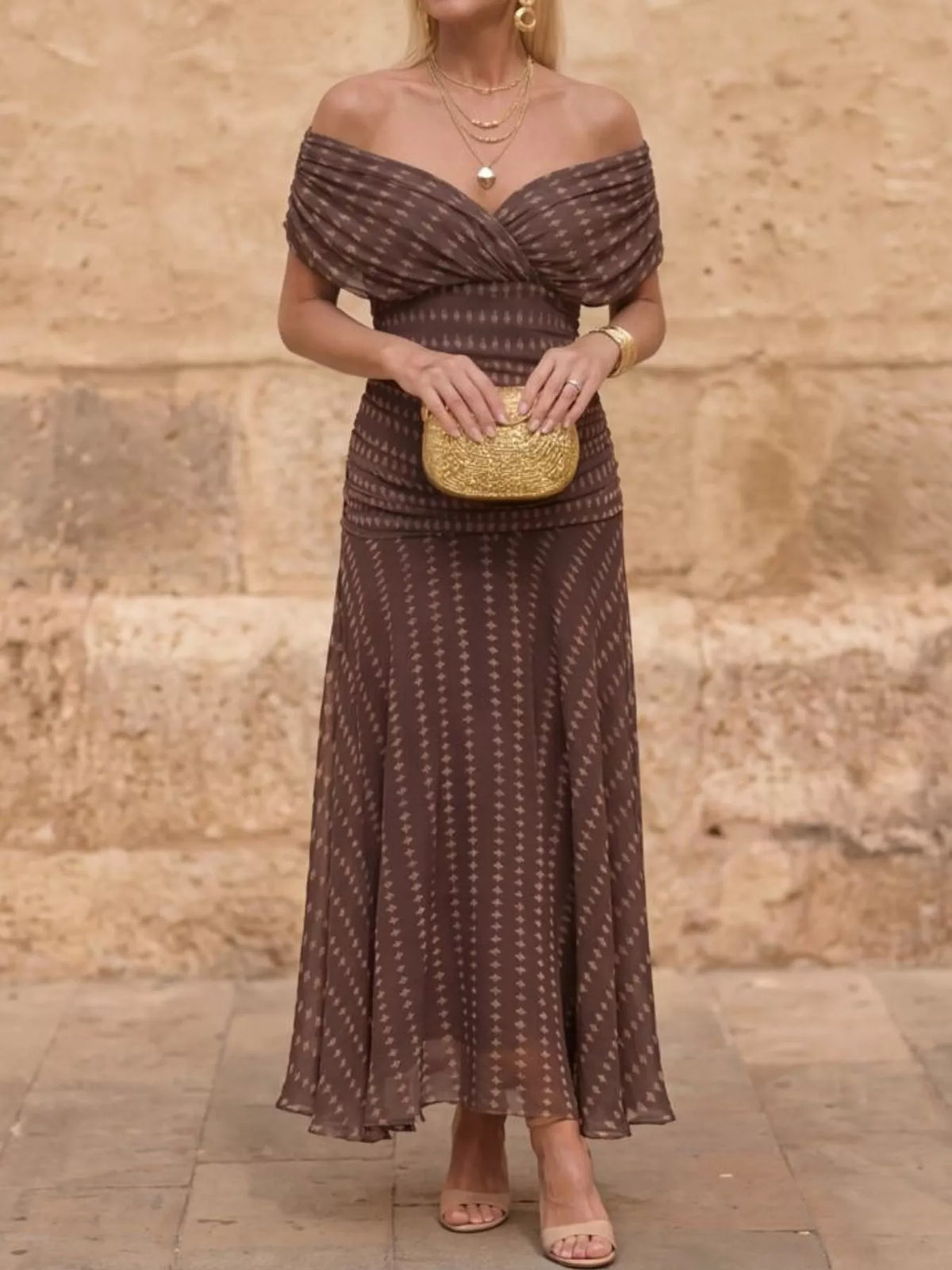 Off-Shoulder Mesh Ruched Maxi Dress, Plus Size