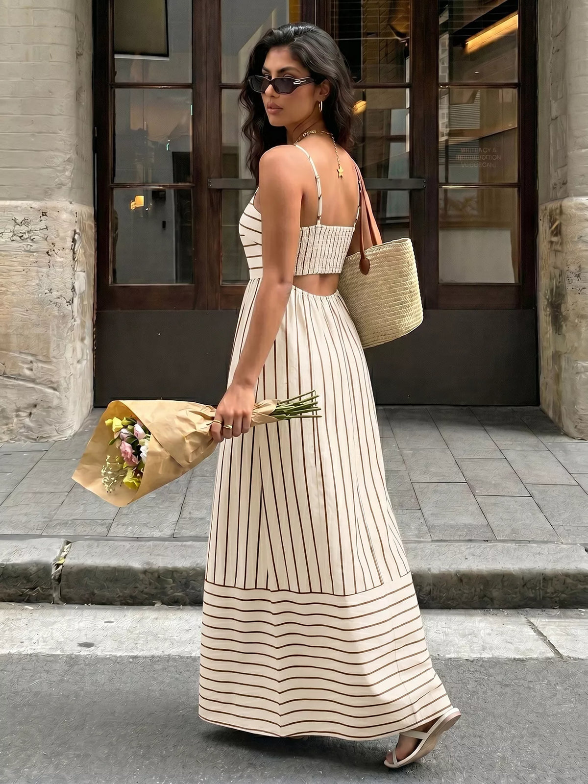 Striped Spaghetti Strap Maxi Dress with Cutout