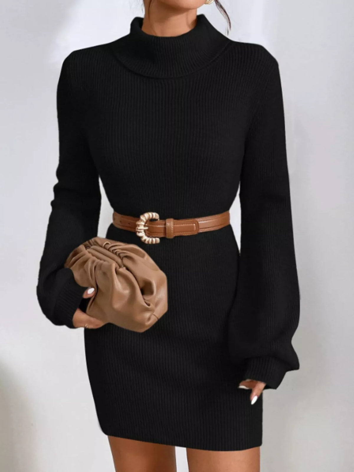 Turtleneck Ribbed Knit Sweater Dress