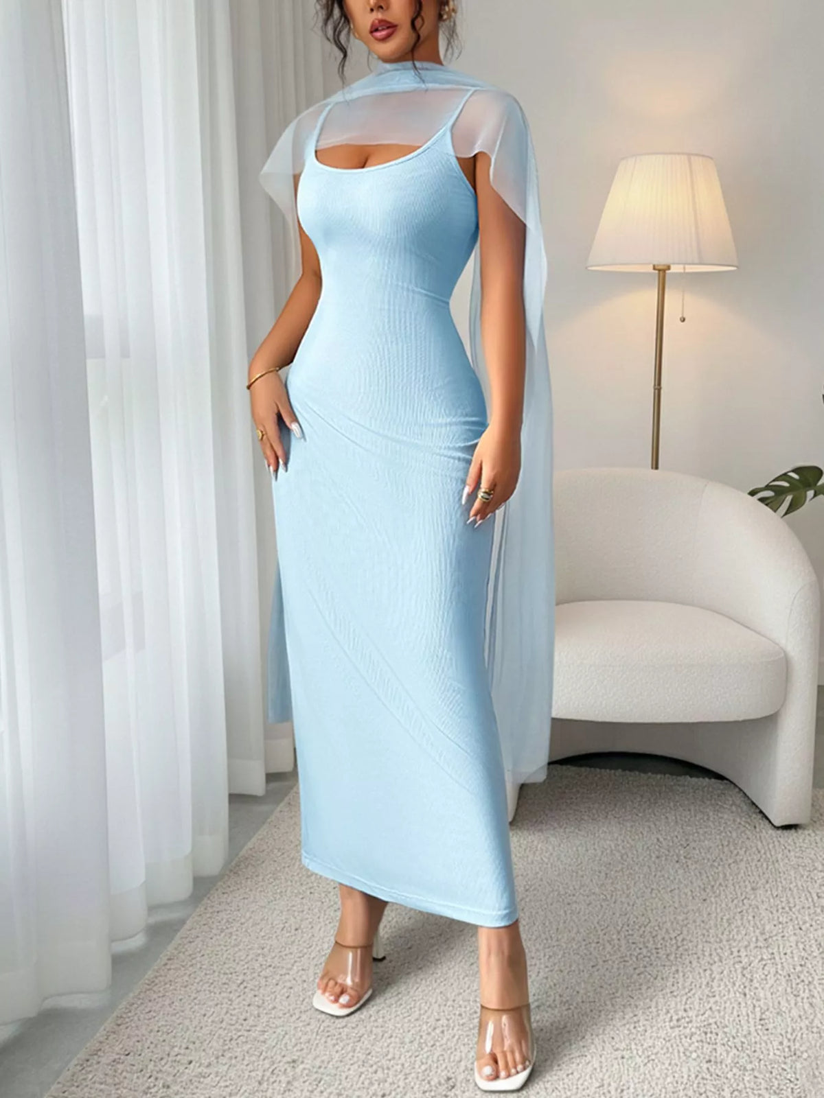 Scoop Neck Bodycon Maxi Dress in Blue