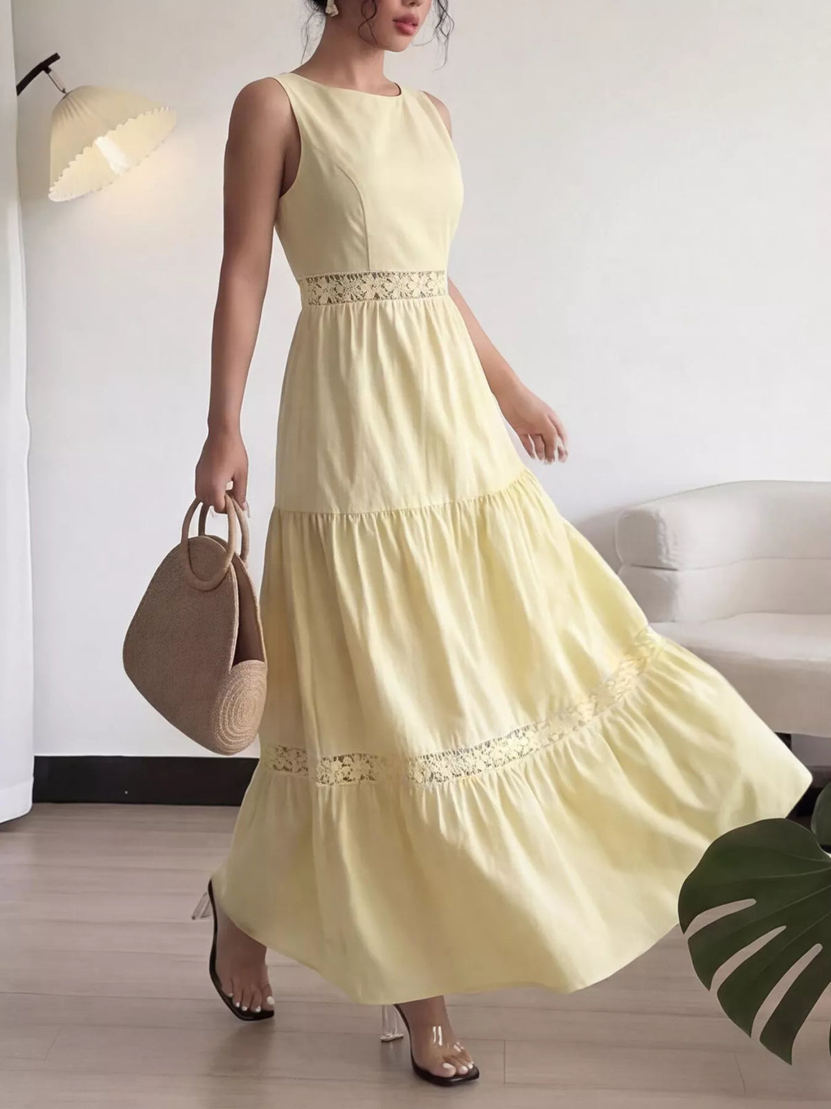 Sleeveless Tiered Lace Trim Maxi Dress in Yellow