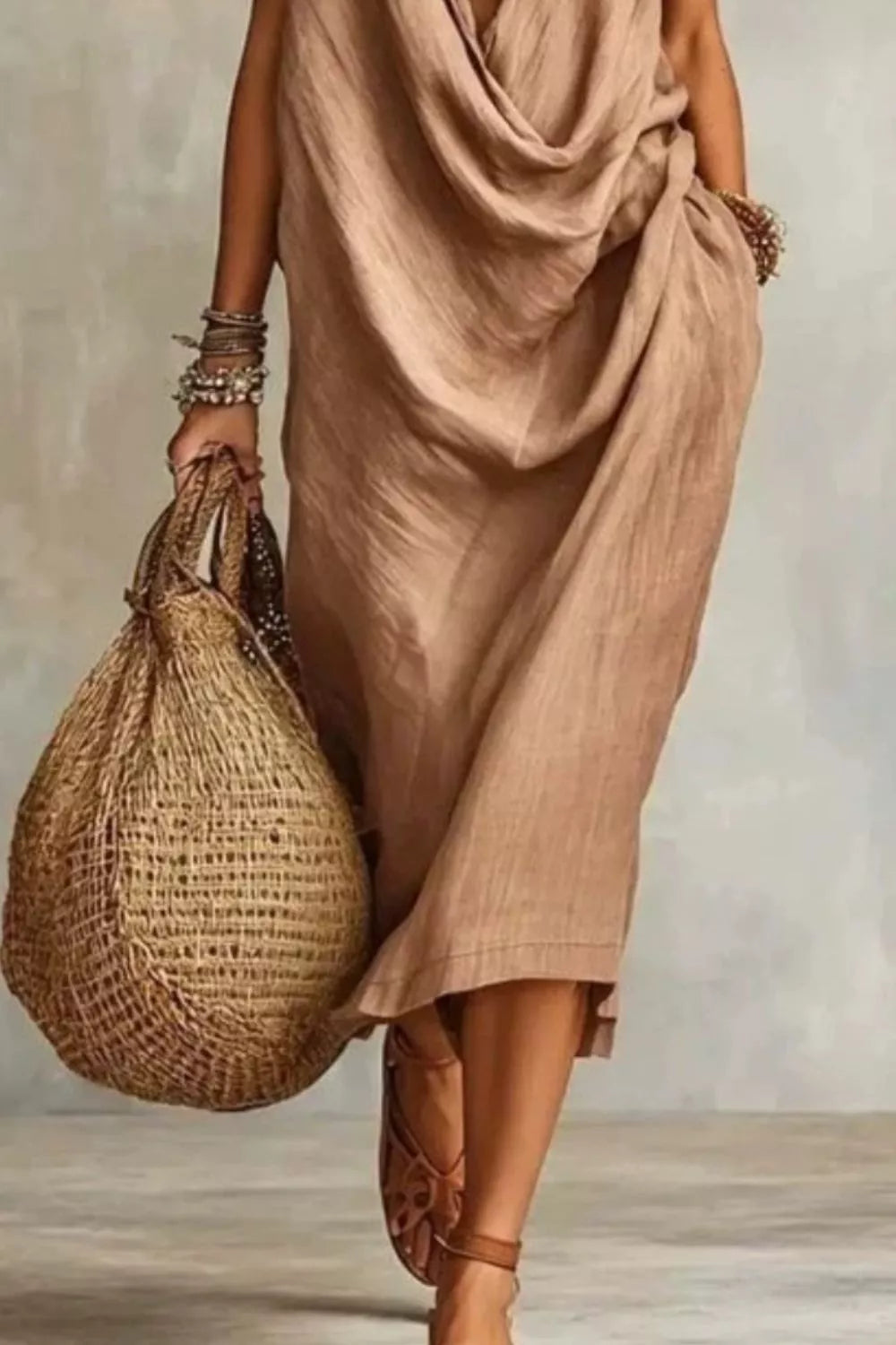 Sleeveless Drape-Neck Midi Dress with Pockets