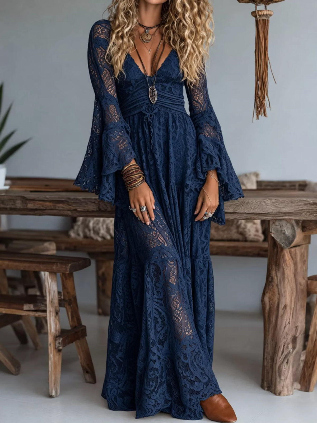 Ruched Lace V-Neck Maxi Dress
