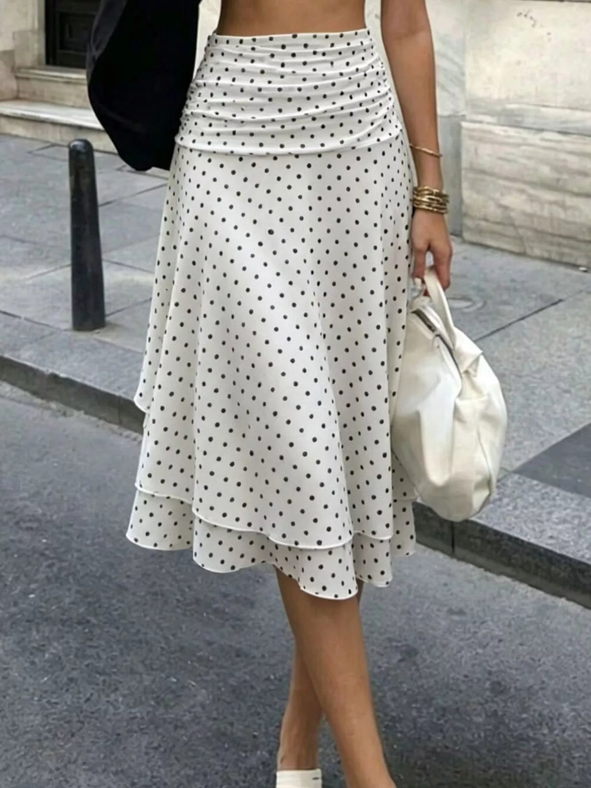 Polka Dot Ruched Waist Midi Skirt in White