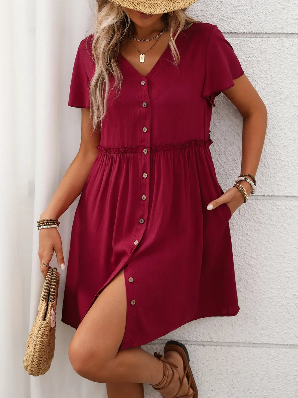Button Front Flutter Sleeve Dress with Frill Detail