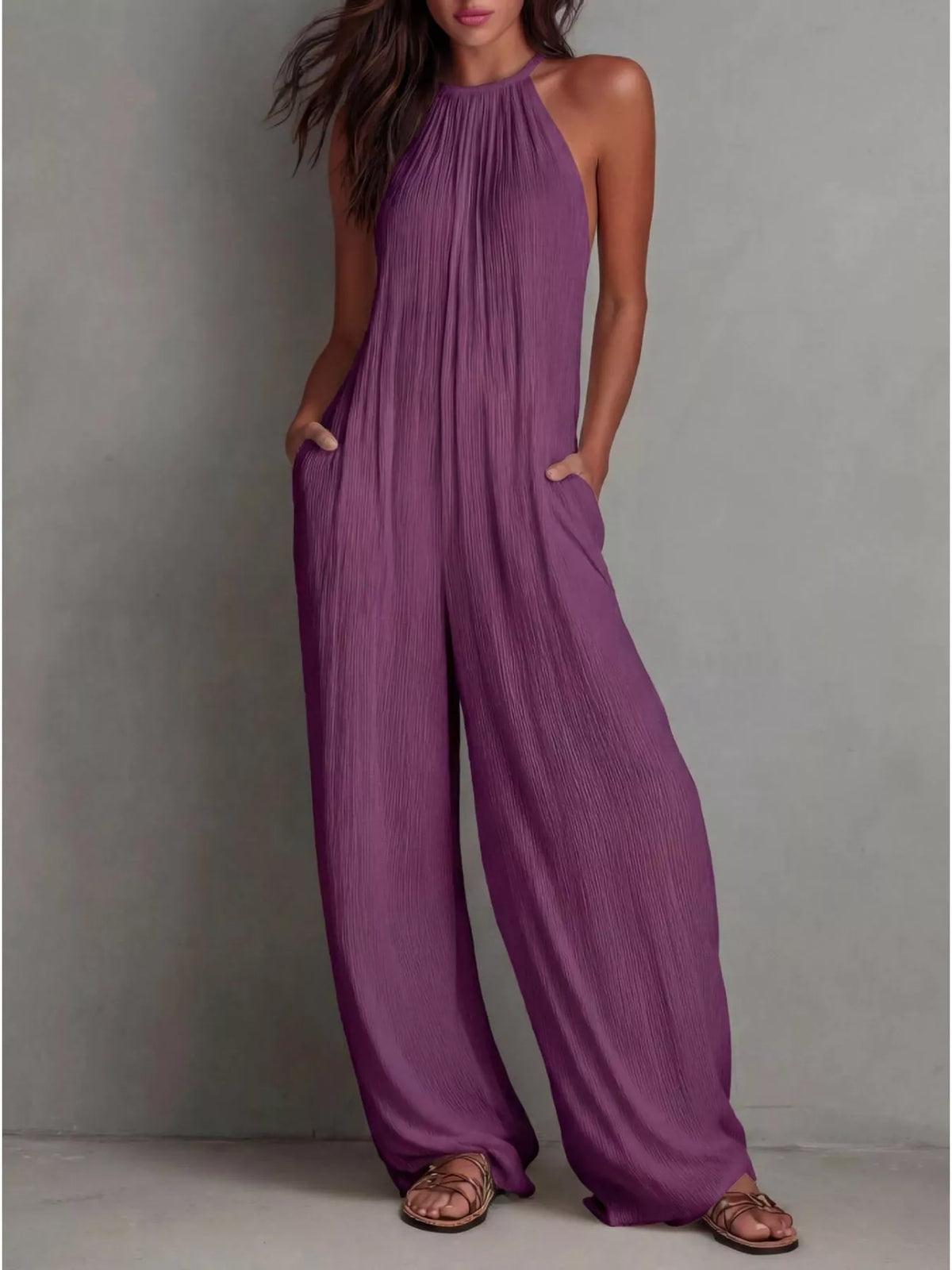 Sleeveless Zip-Front Wide Leg Jumpsuit