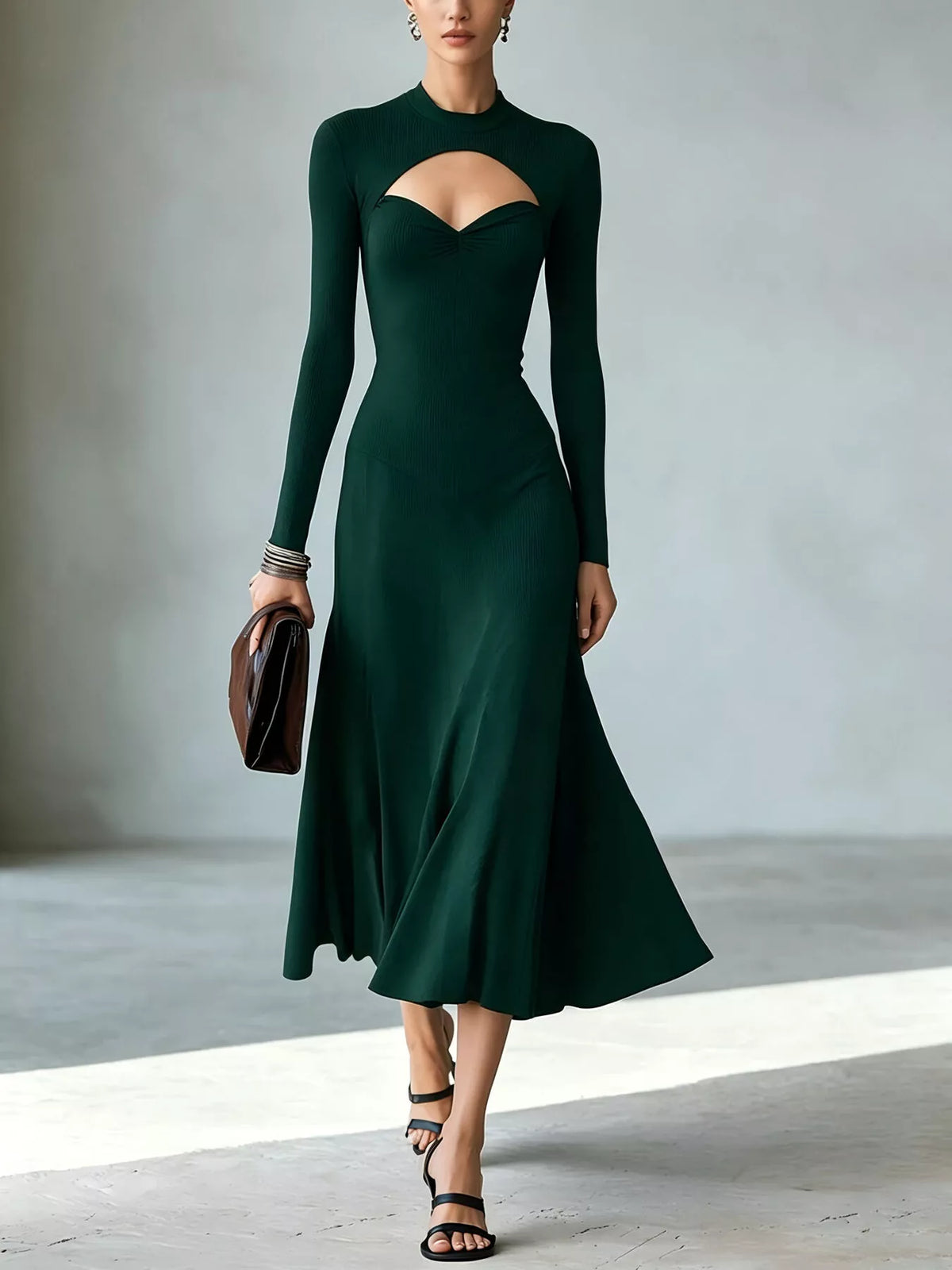 Mock Neck Cut-Out Long Sleeve Midi Dress