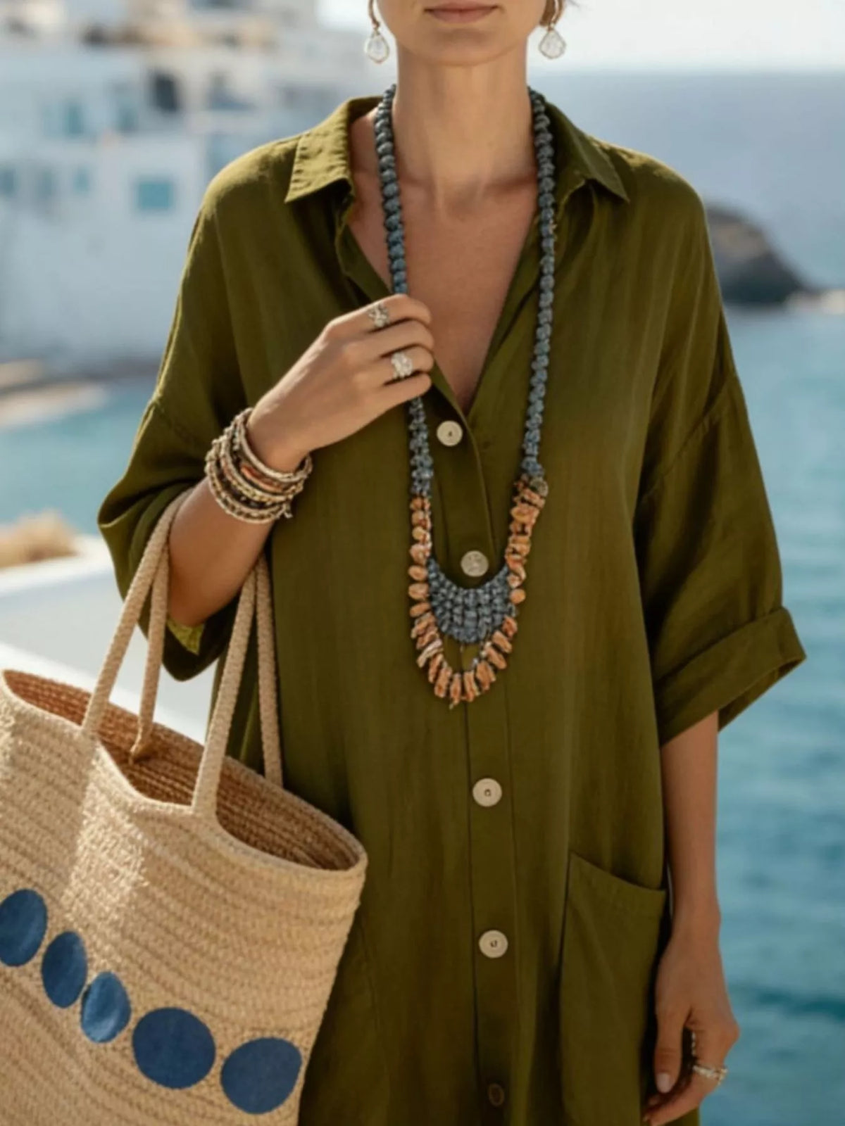 Button Front 3/4 Sleeve Maxi Dress in Olive