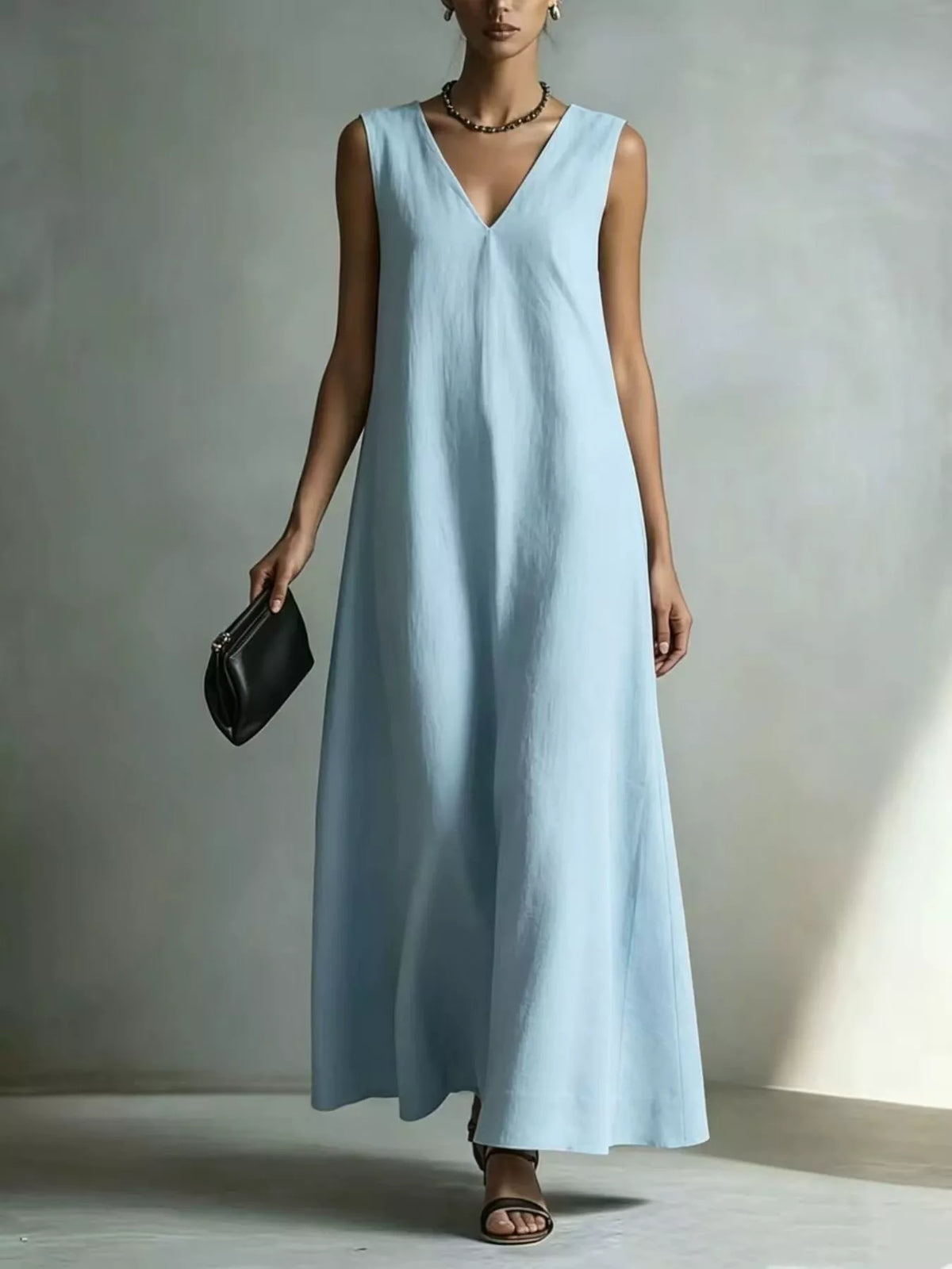V-Neck Sleeveless Maxi Dress in Beige