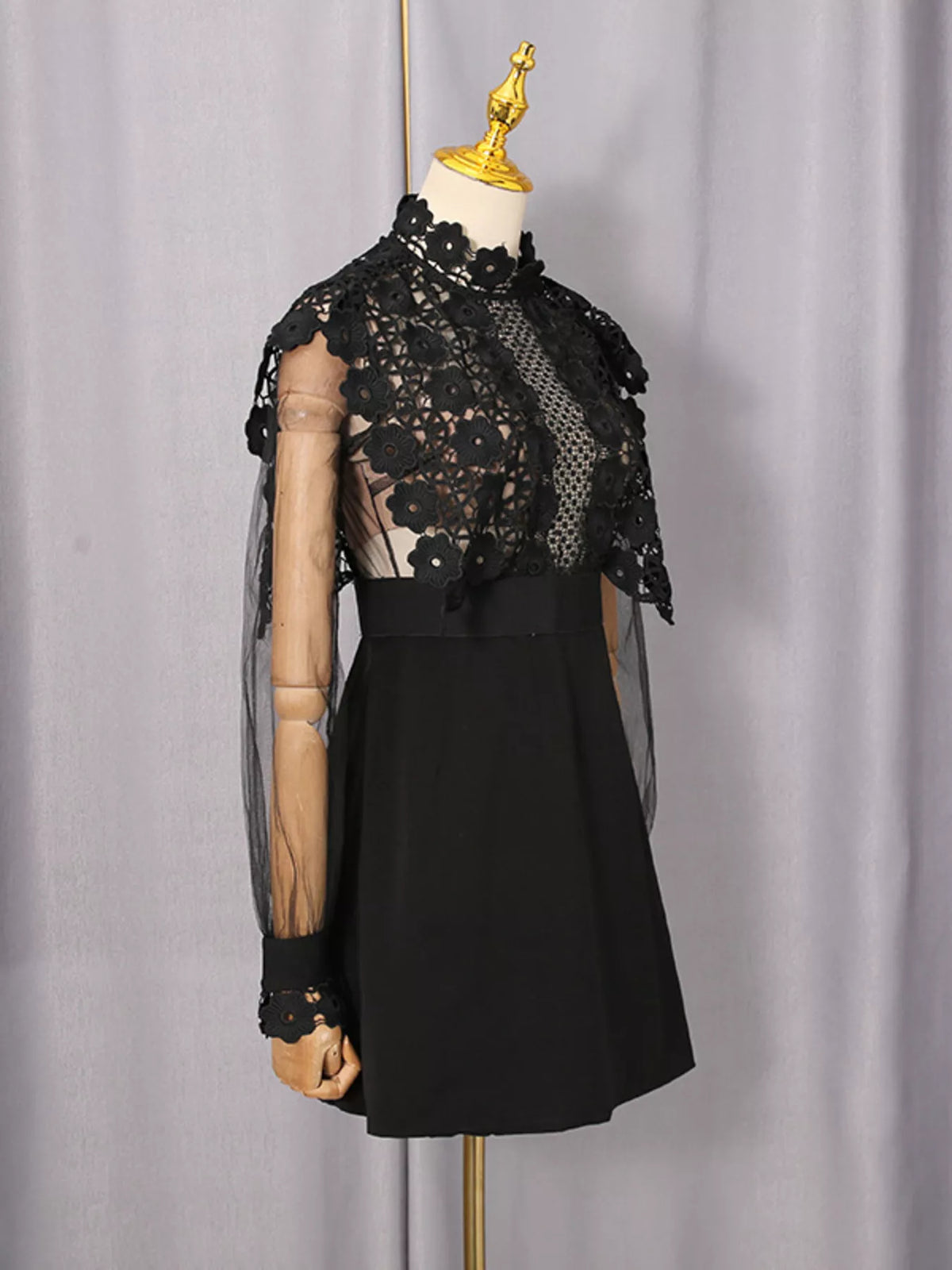 Lace Sheer Sleeve Mini Dress in Black