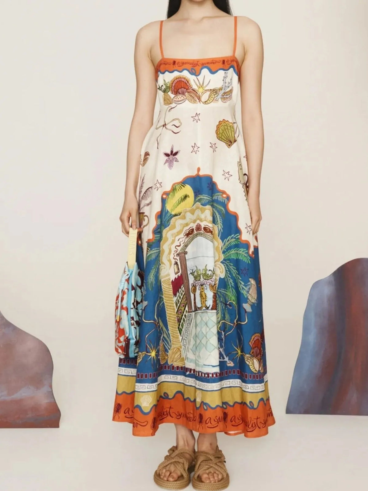 Smocked Square Neck Maxi Cami Dress in Multicolor