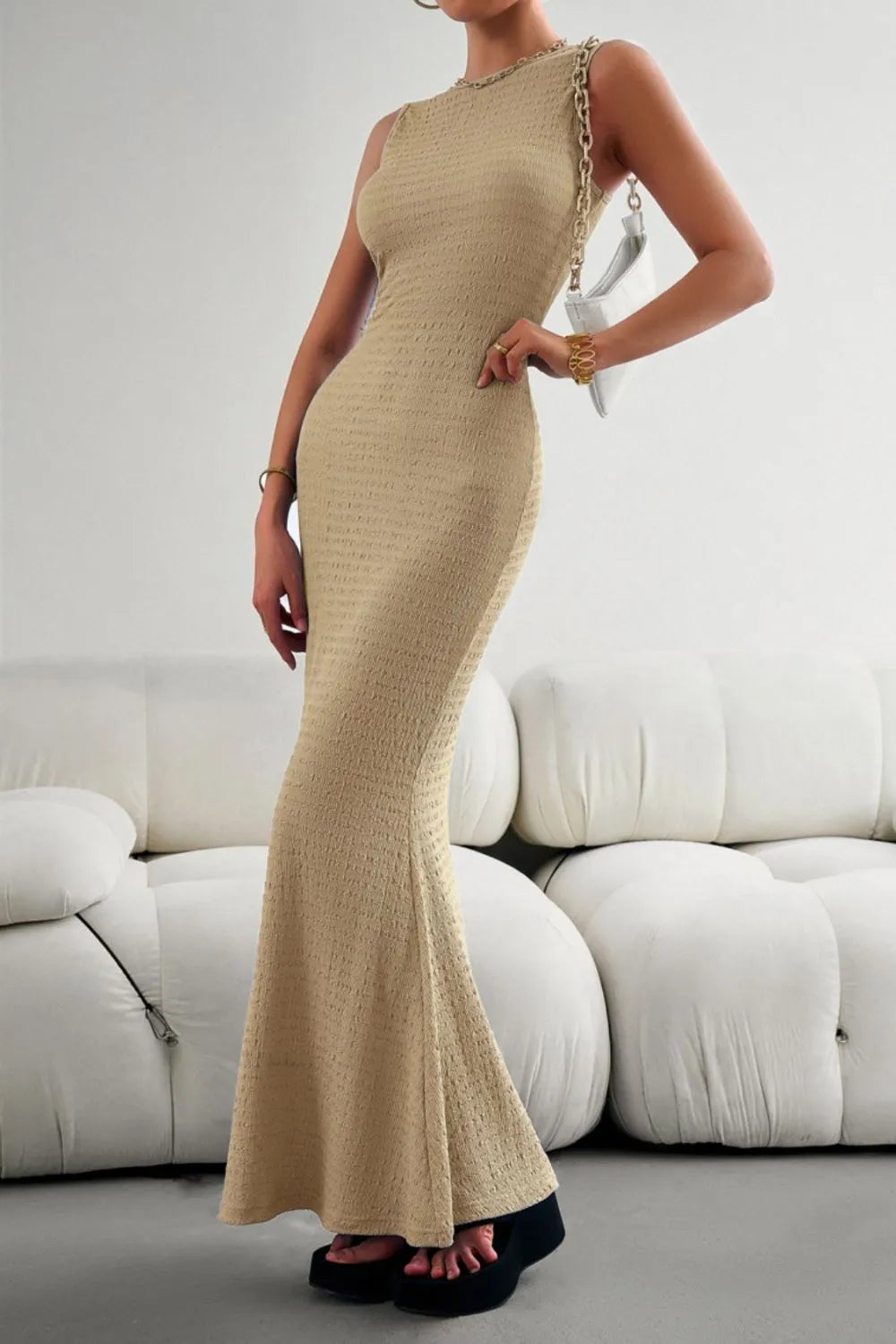 Round Neck Sleeveless Maxi Fishtail Dress by DY