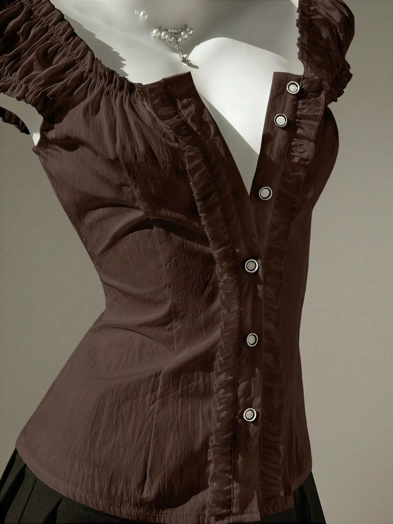 Puff Sleeve Ruched Button-Up Blouse in Brown