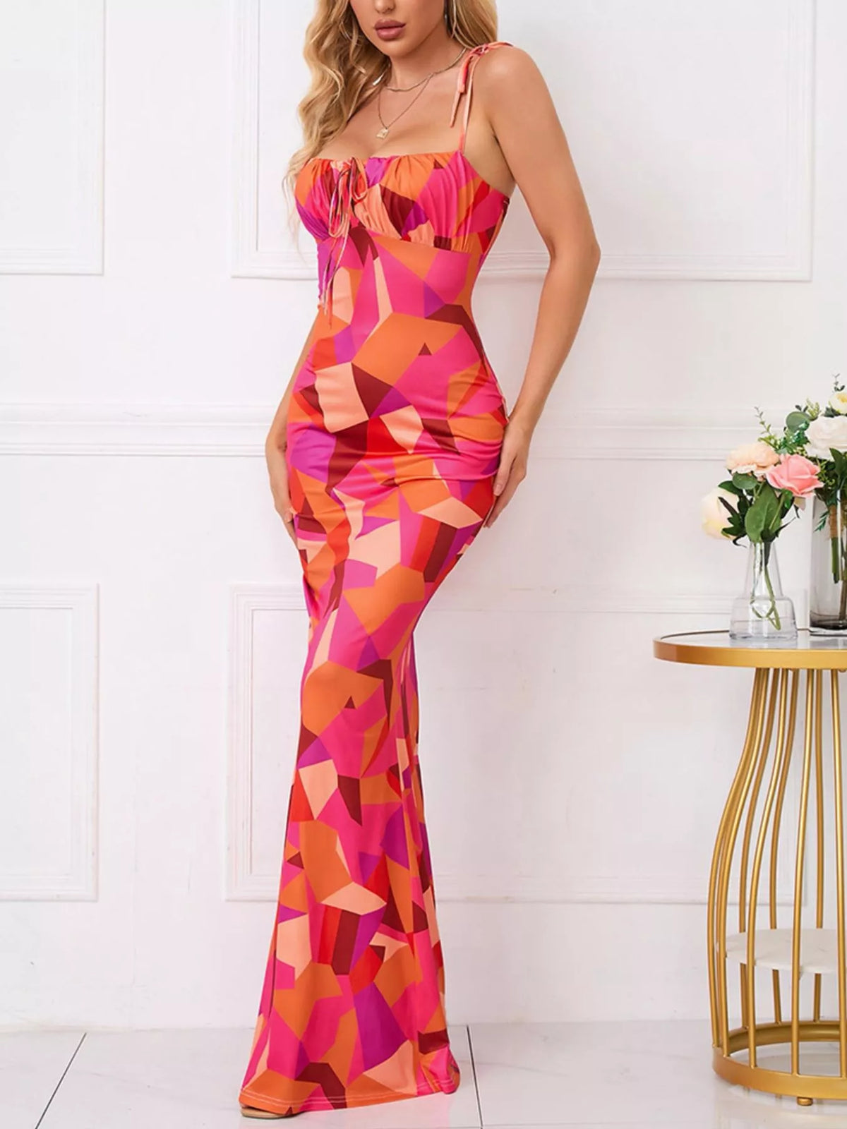 Floral Print Tie Strap Bodycon Maxi Dress by Calliope