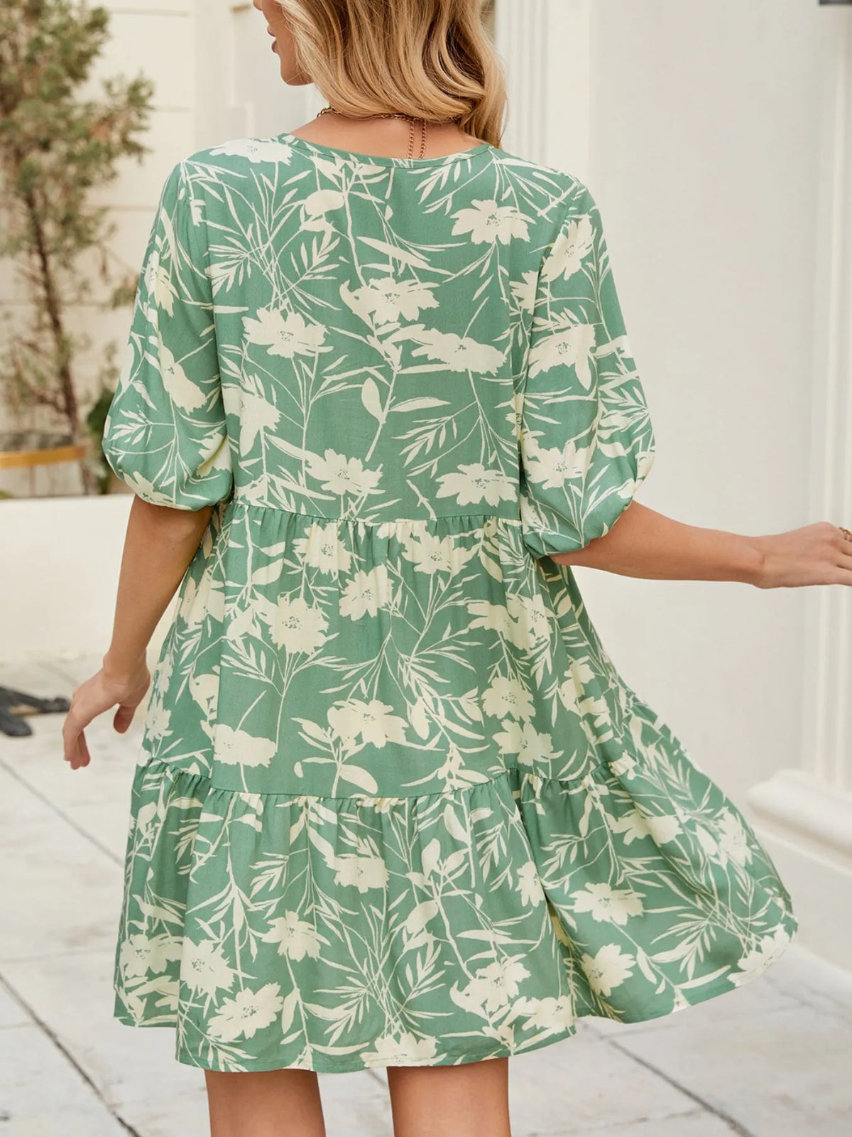 Ruffle-Hem V-Neck Mini Dress in Green