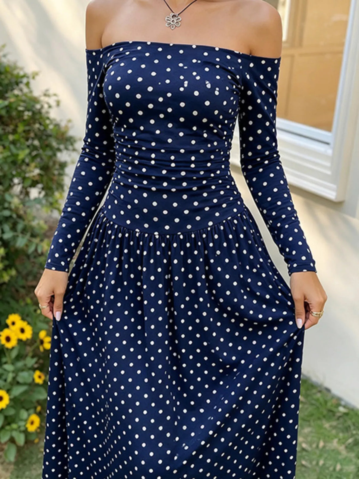 Off-the-Shoulder Ruched Maxi Dress