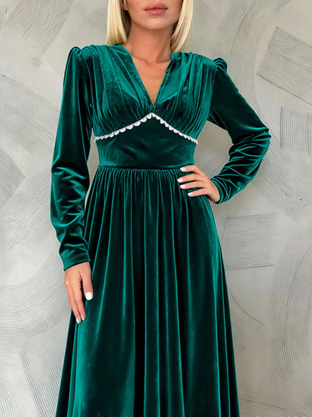 Velvet V-Neck Maxi Dress in Green