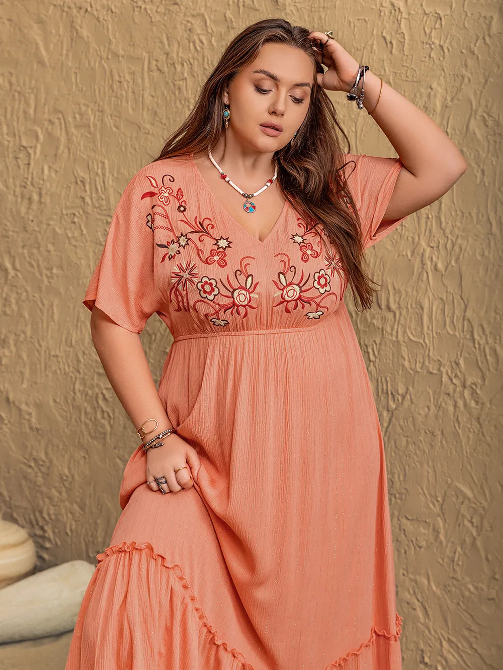 Frill Embroidered V-Neck Maxi Dress in Coral