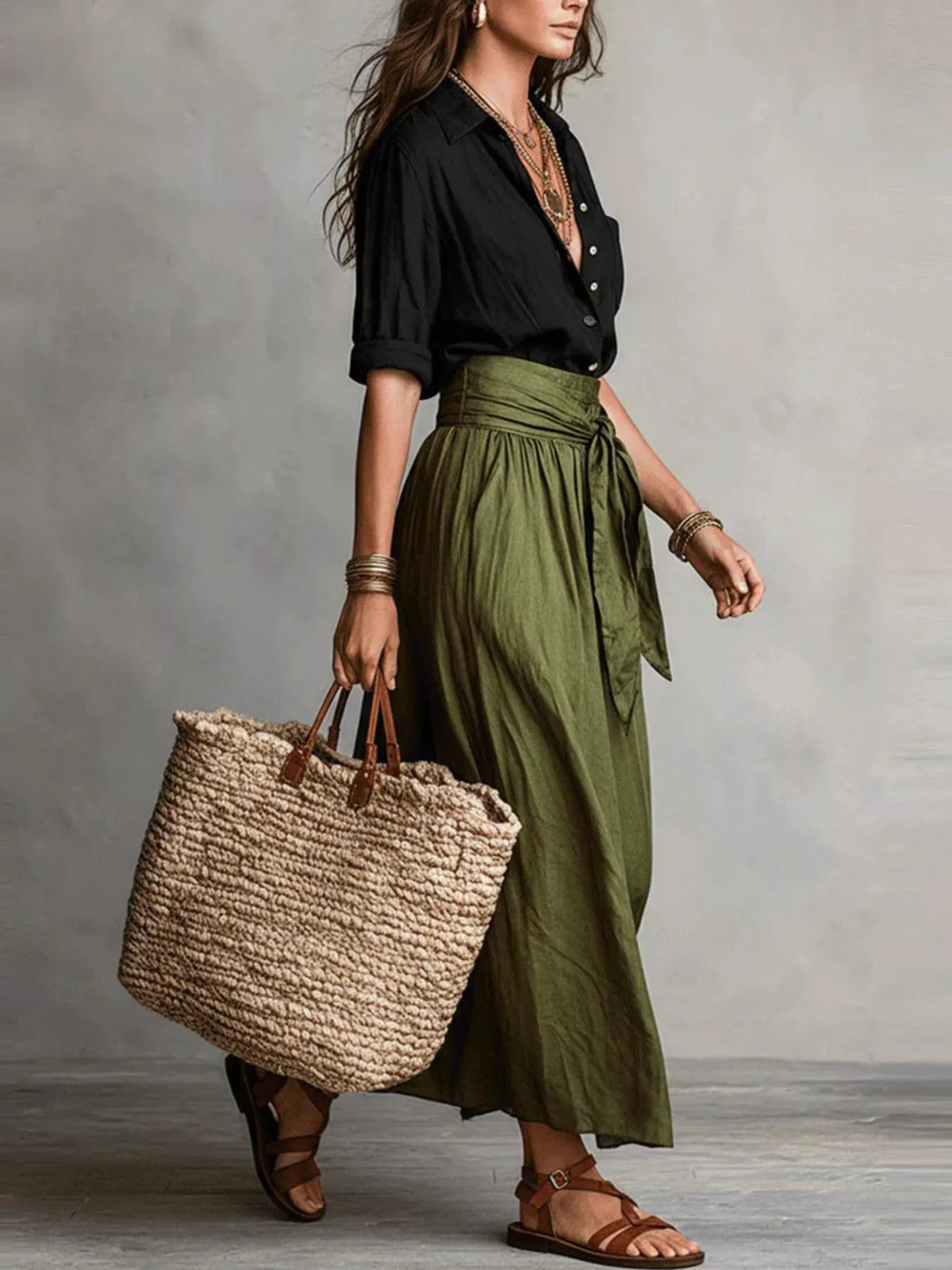Two-Piece Button-Down Shirt and Maxi Skirt Set in Matcha Green