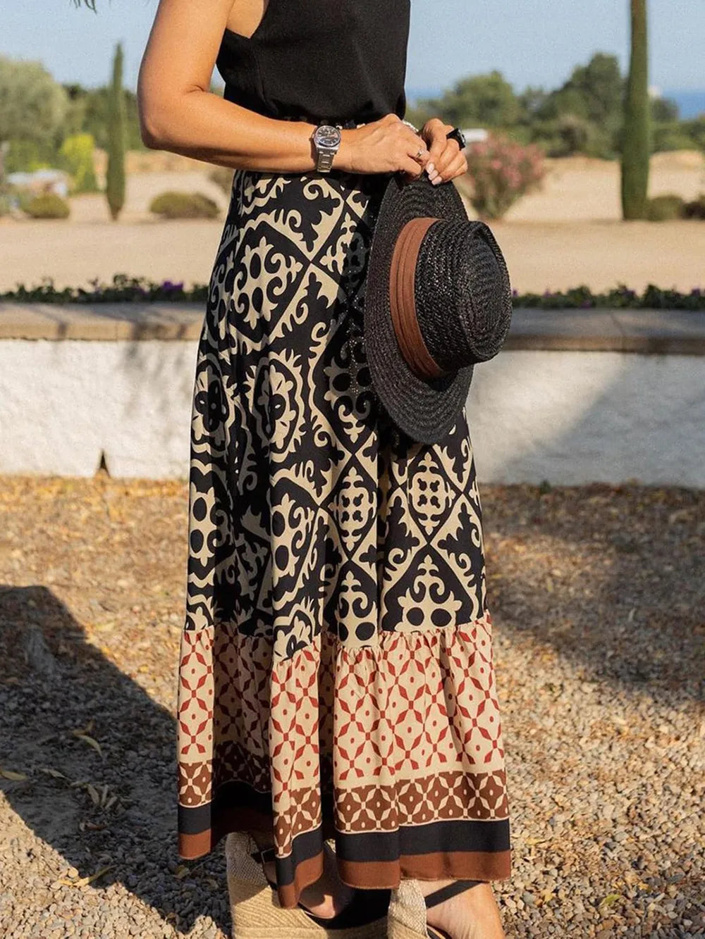 Geometric Print Elastic-Waist Maxi Skirt