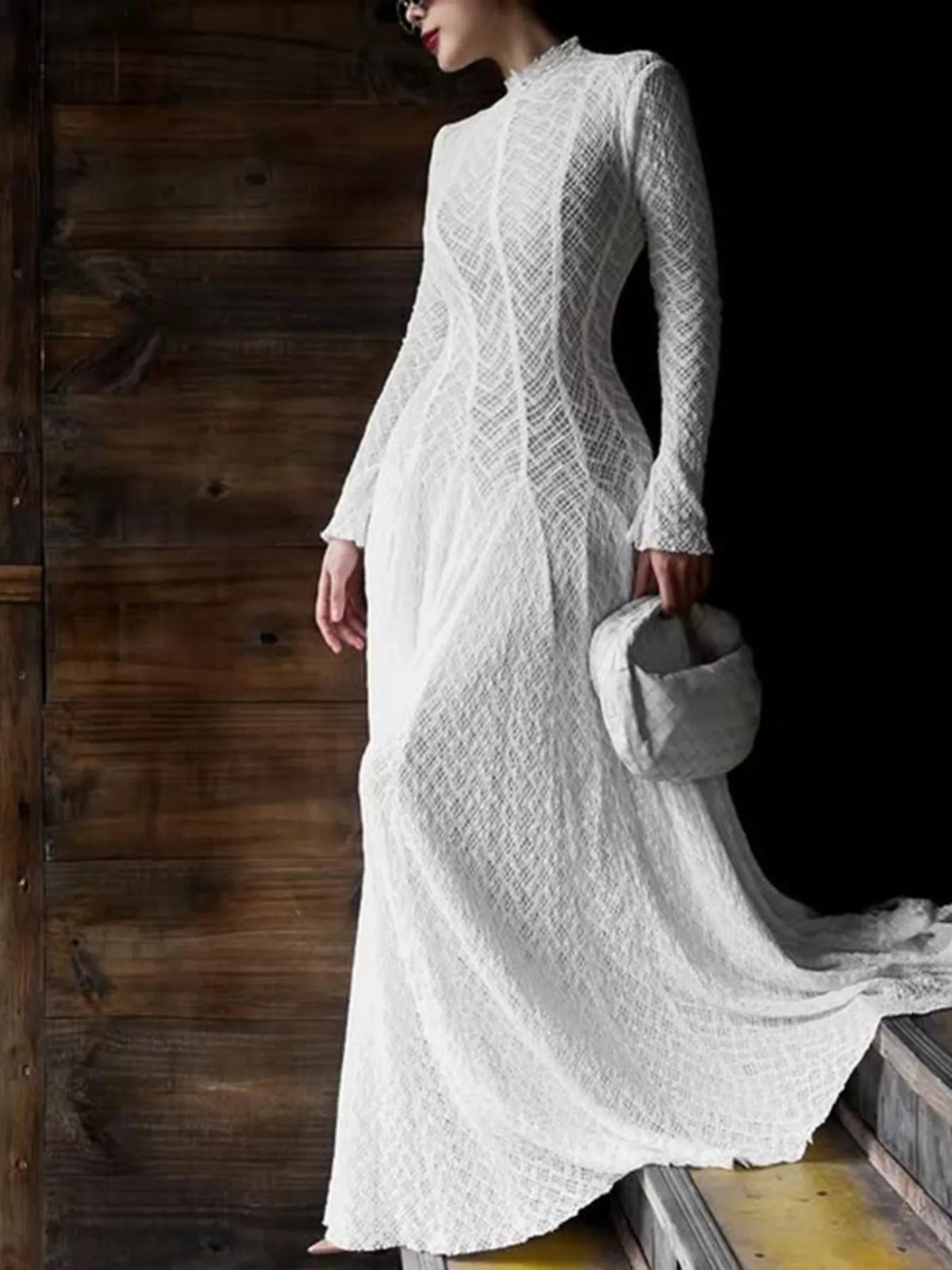 Lace Mock Neck Long Sleeve Maxi Dress in White