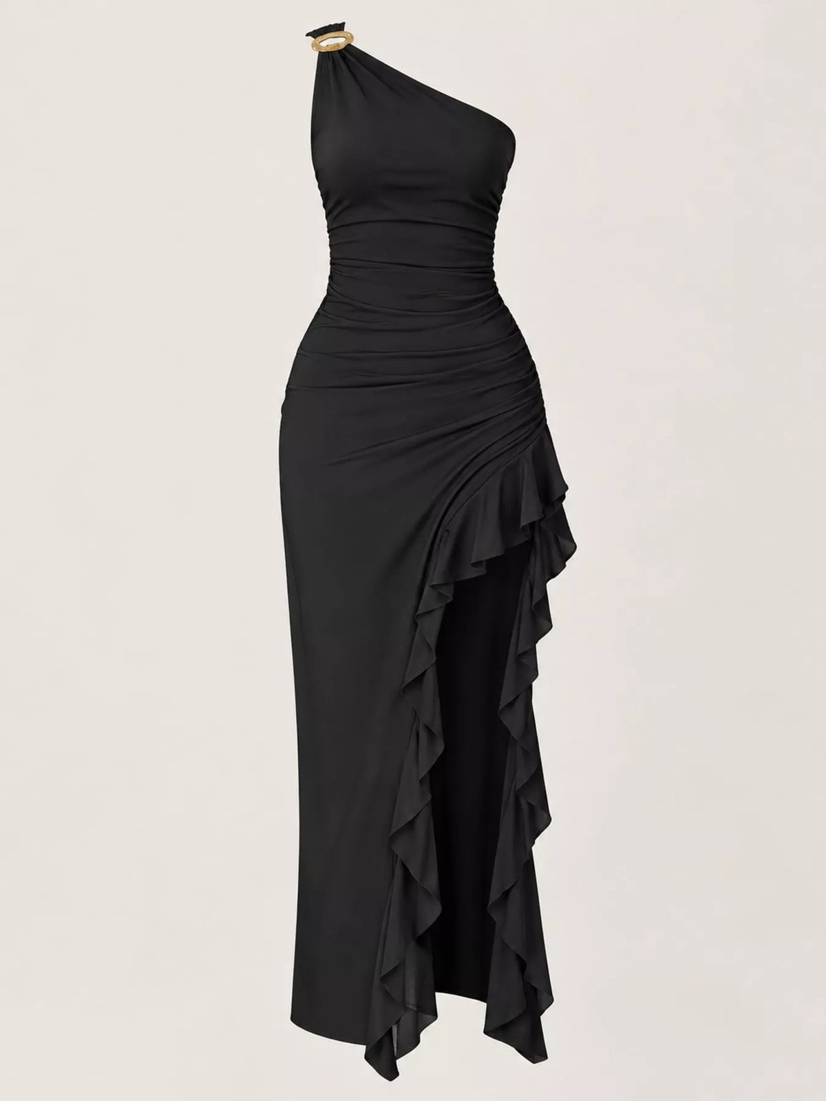One-Shoulder Ruched Ruffle Hem Maxi Dress
