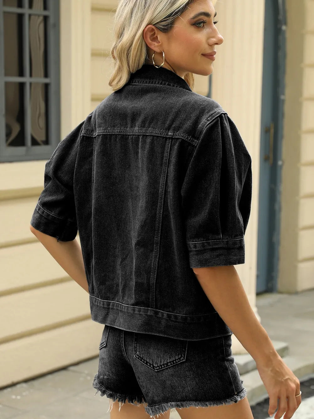 Button-Down Washed Denim Jacket in Black by Moni Wear