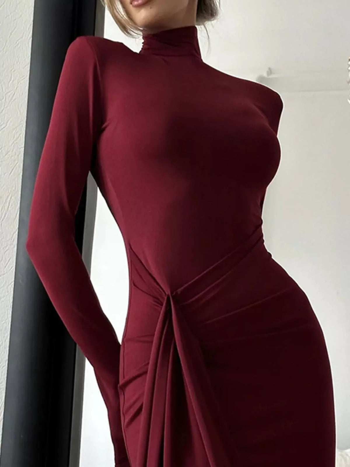 Turtleneck Long Sleeve Slit Maxi Dress