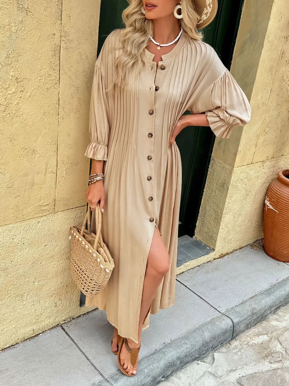 Button Front Flounce Sleeve Dress in Tan