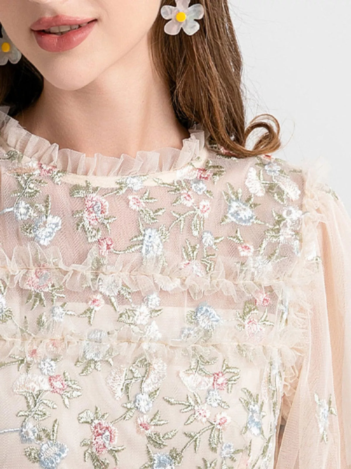 Floral Tulle Layered Maxi Dress in Apricot