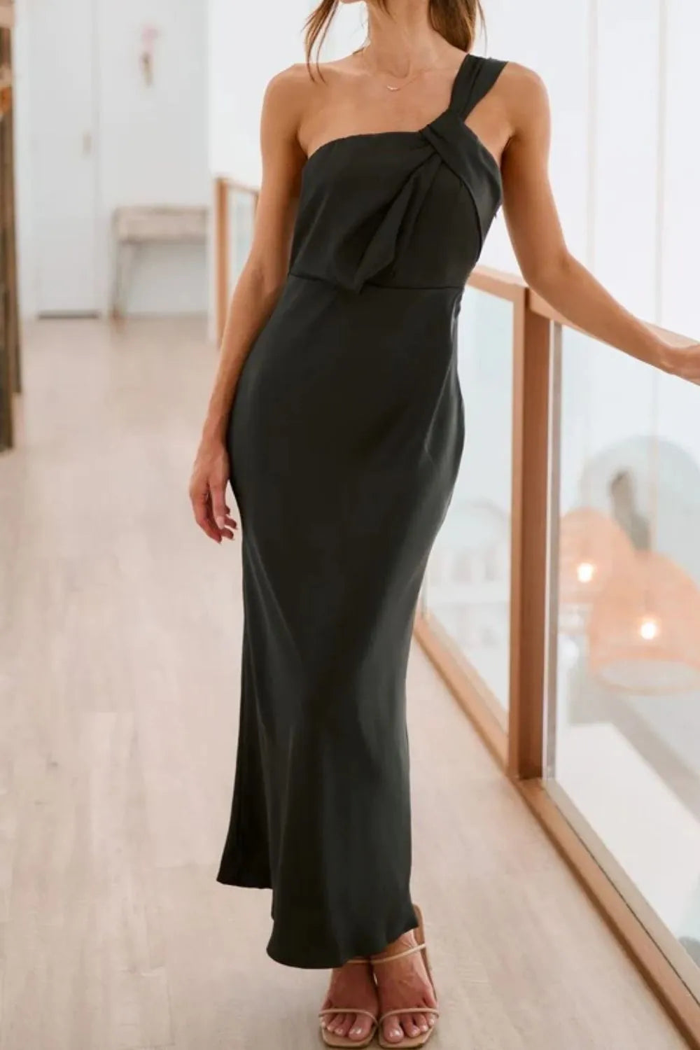 Twisted Single Shoulder Maxi Dress in Black