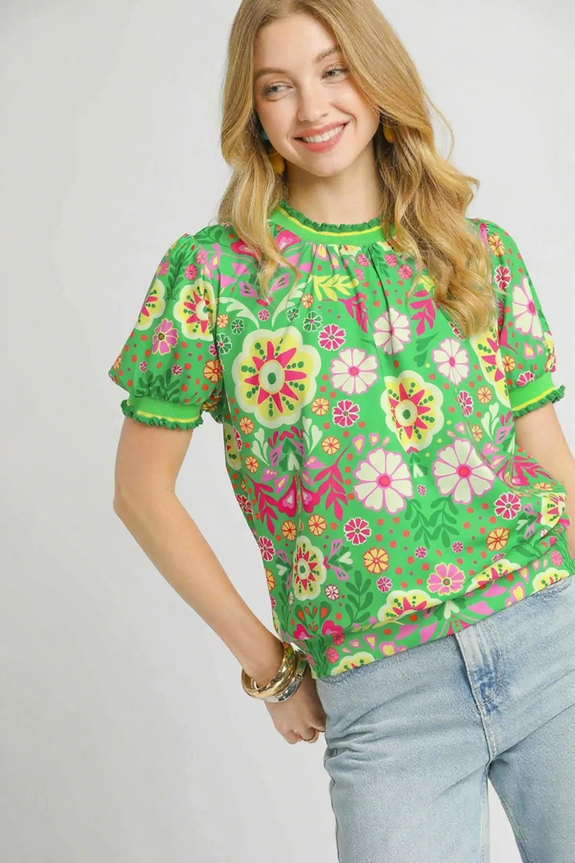 Umgee Retro Floral Puff Sleeve Top in Green Mix