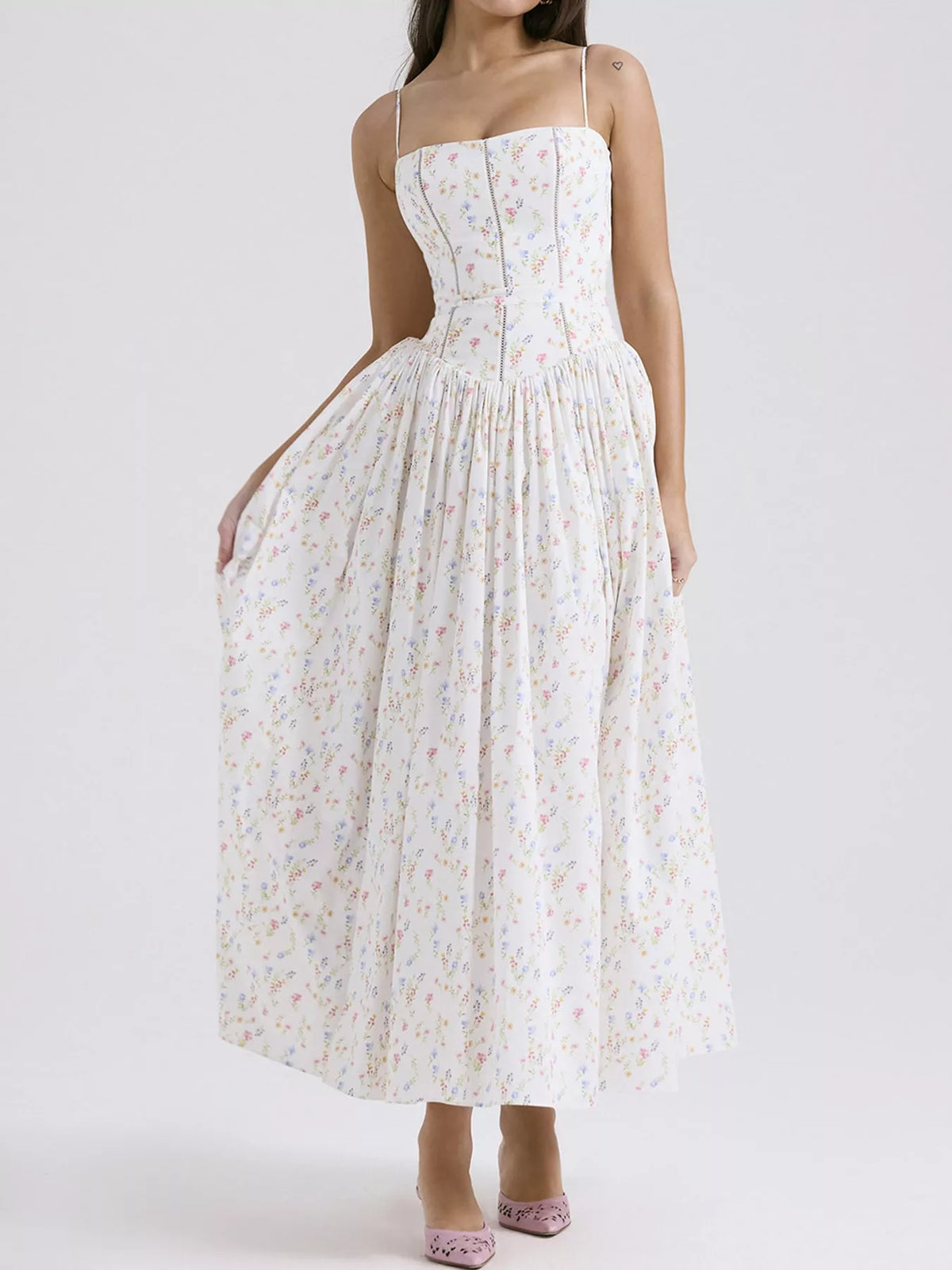 Floral Spaghetti Strap Midi Dress in White