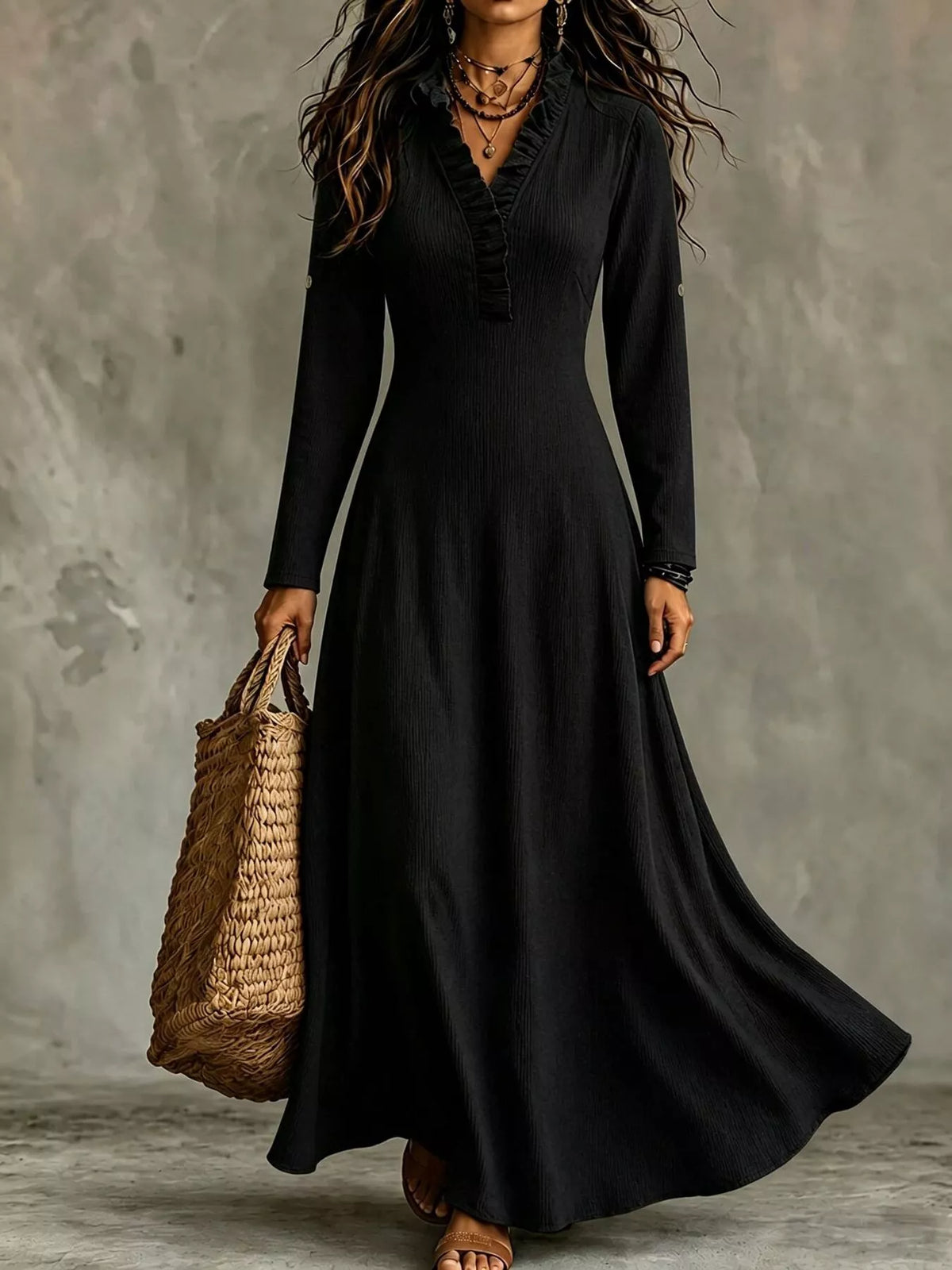 V-Neck Ruffled Maxi Dress with Roll-Up Sleeves
