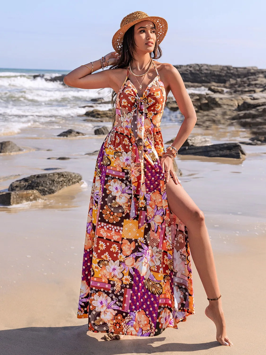Printed Halter Neck Cami Dress in Multicolor