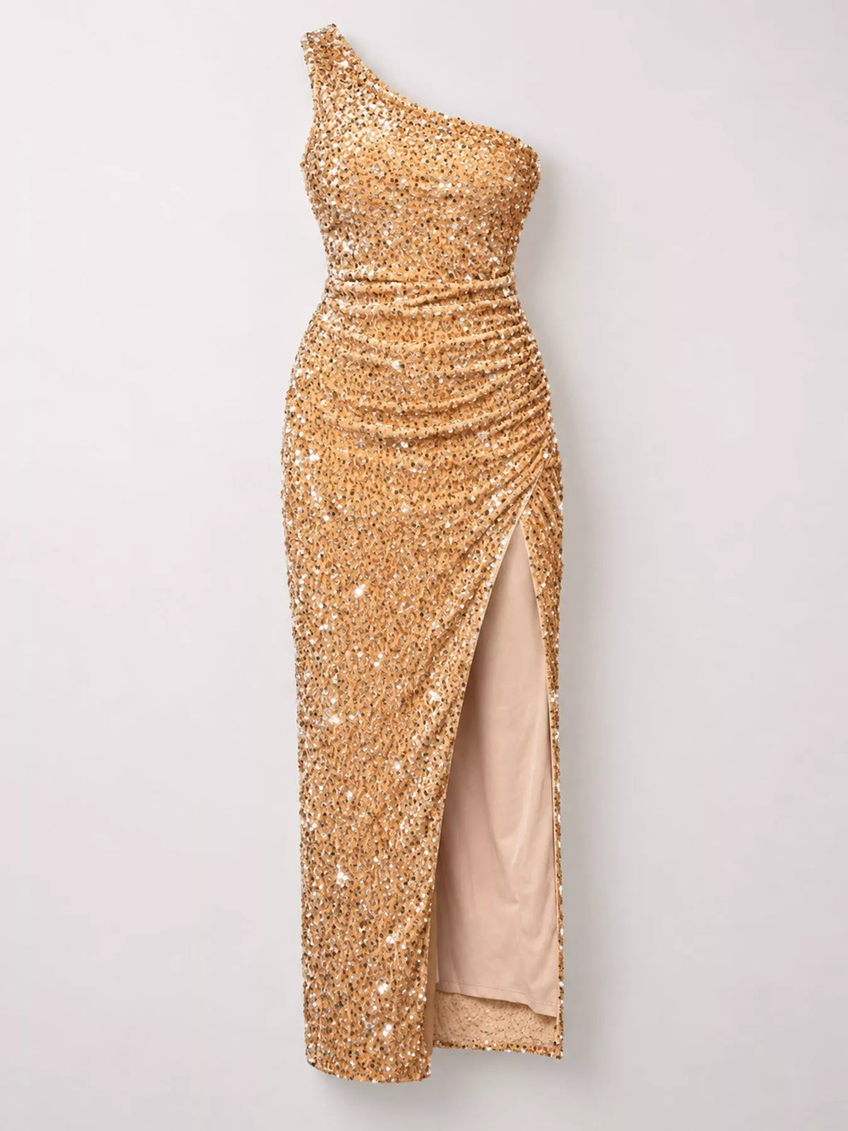 One-Shoulder Sequin High-Slit Evening Dress