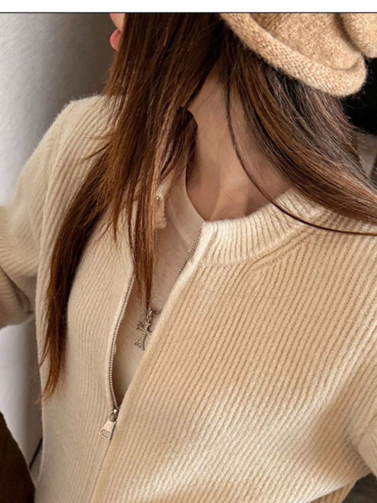 Zip-Up Dropped Shoulder Ribbed Cardigan