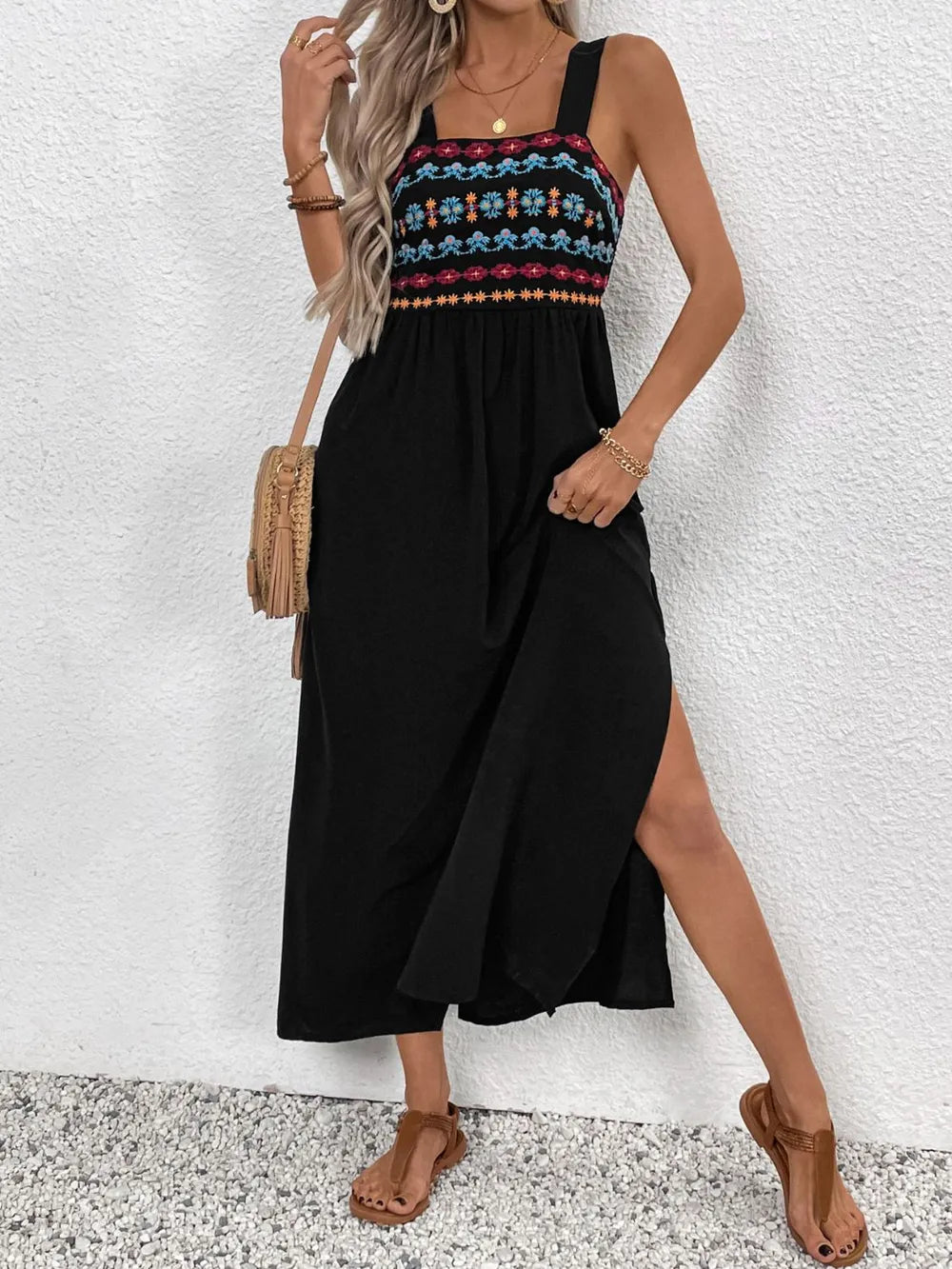 Embroidered Floral Side Slit Midi Dress in Black