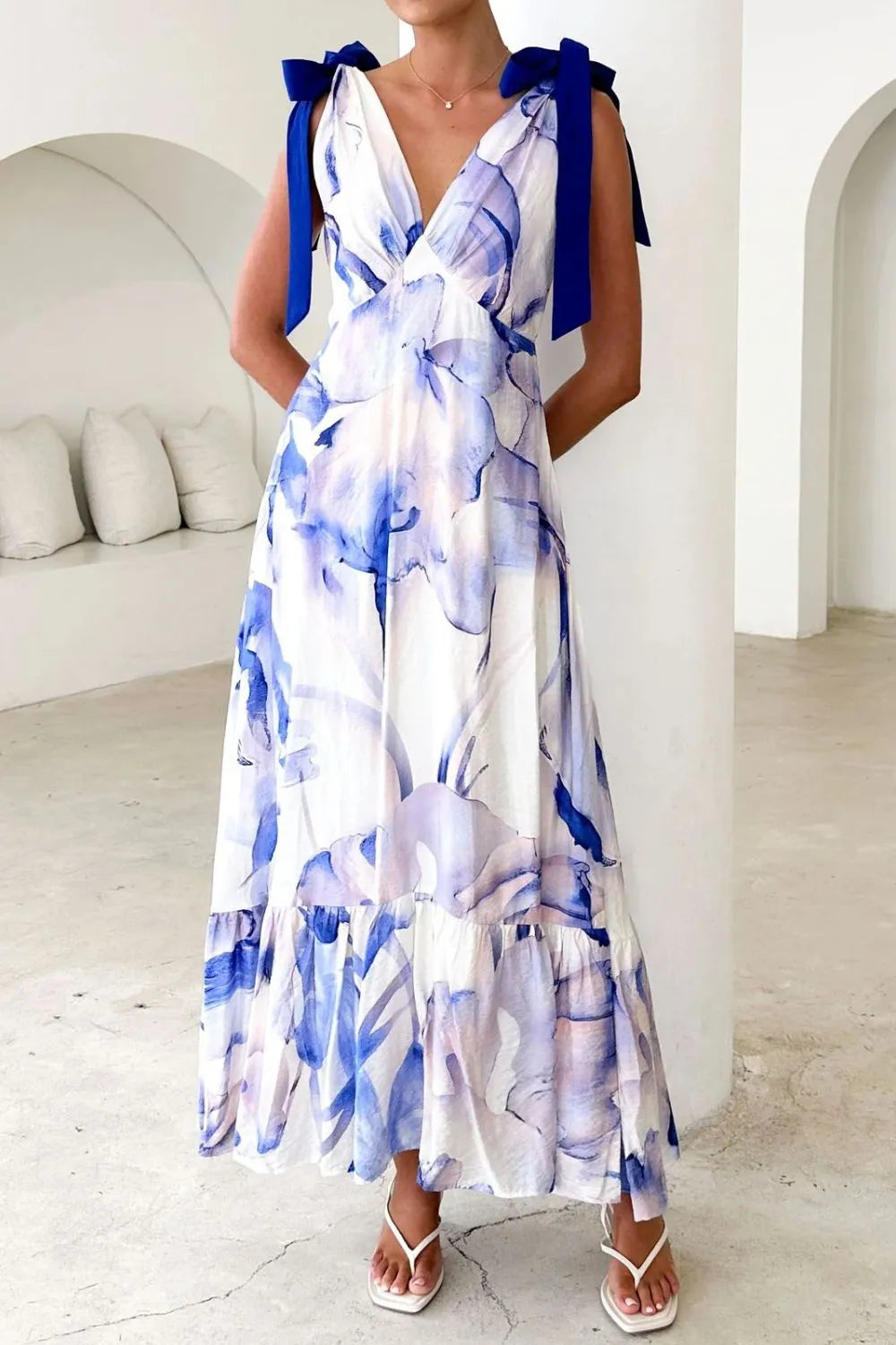 Printed Tie-Shoulder Ruched V-Neck Midi Dress