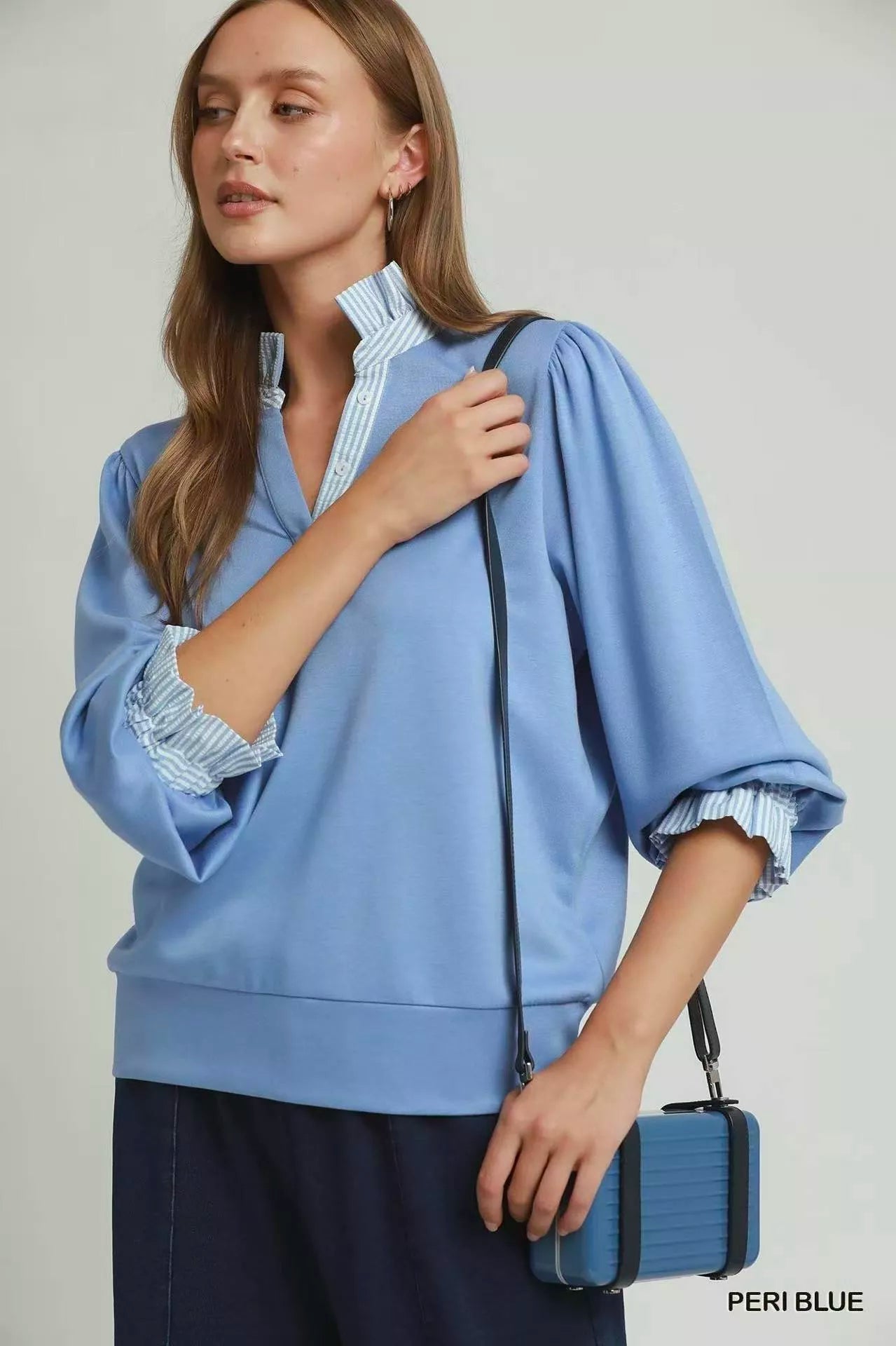 Umgee Striped Ruffle Neck Top in Peri Blue