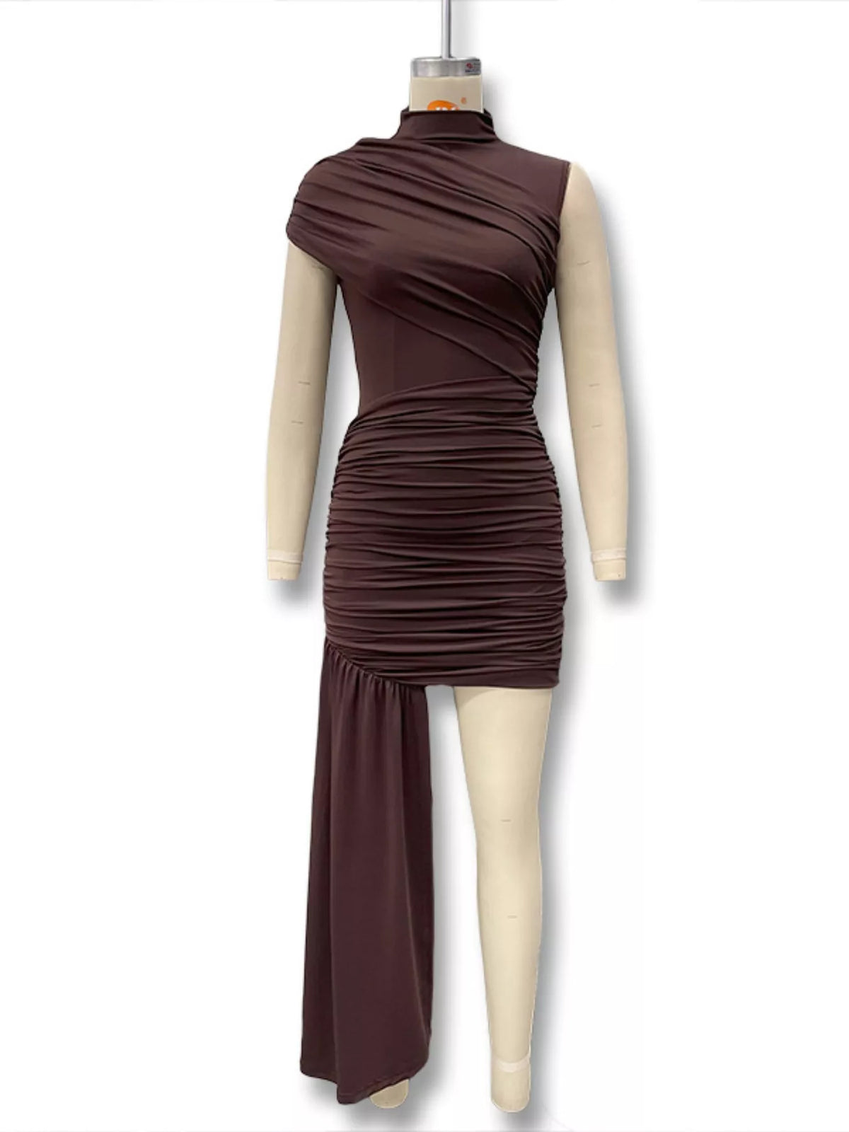 Ruched Mock Neck Dress in Dark Brown