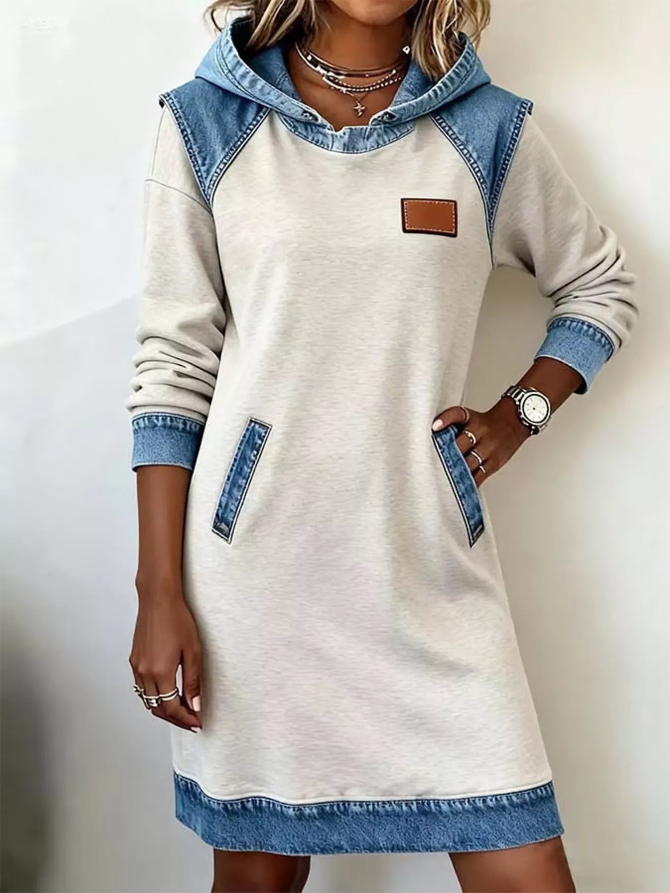 Hooded Denim Patchwork Sweatshirt Dress