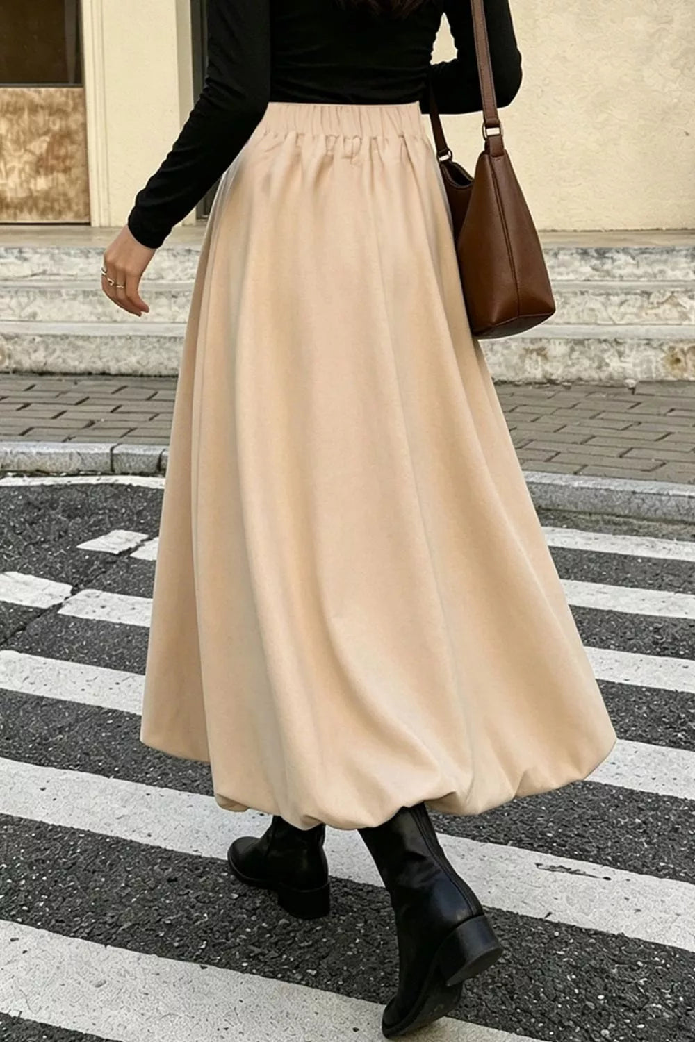 High-Waisted Ruched A-Line Midi Skirt in Tan