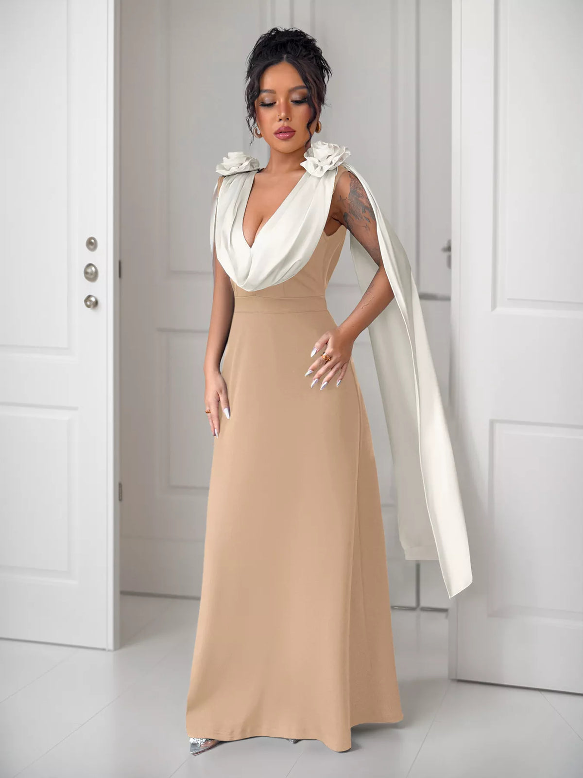 Floral Applique Two-Tone Maxi Dress