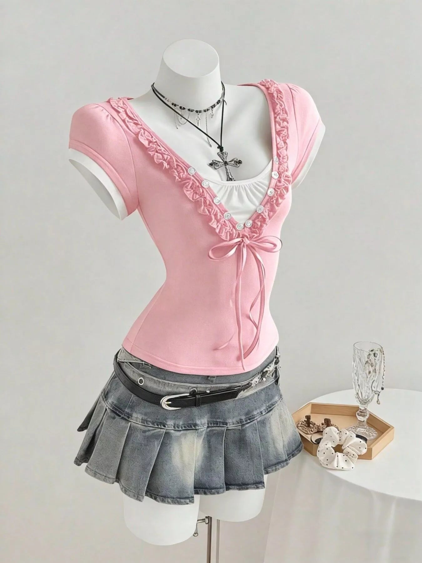 Frill Cap Sleeve Slim Fit Top in Pink
