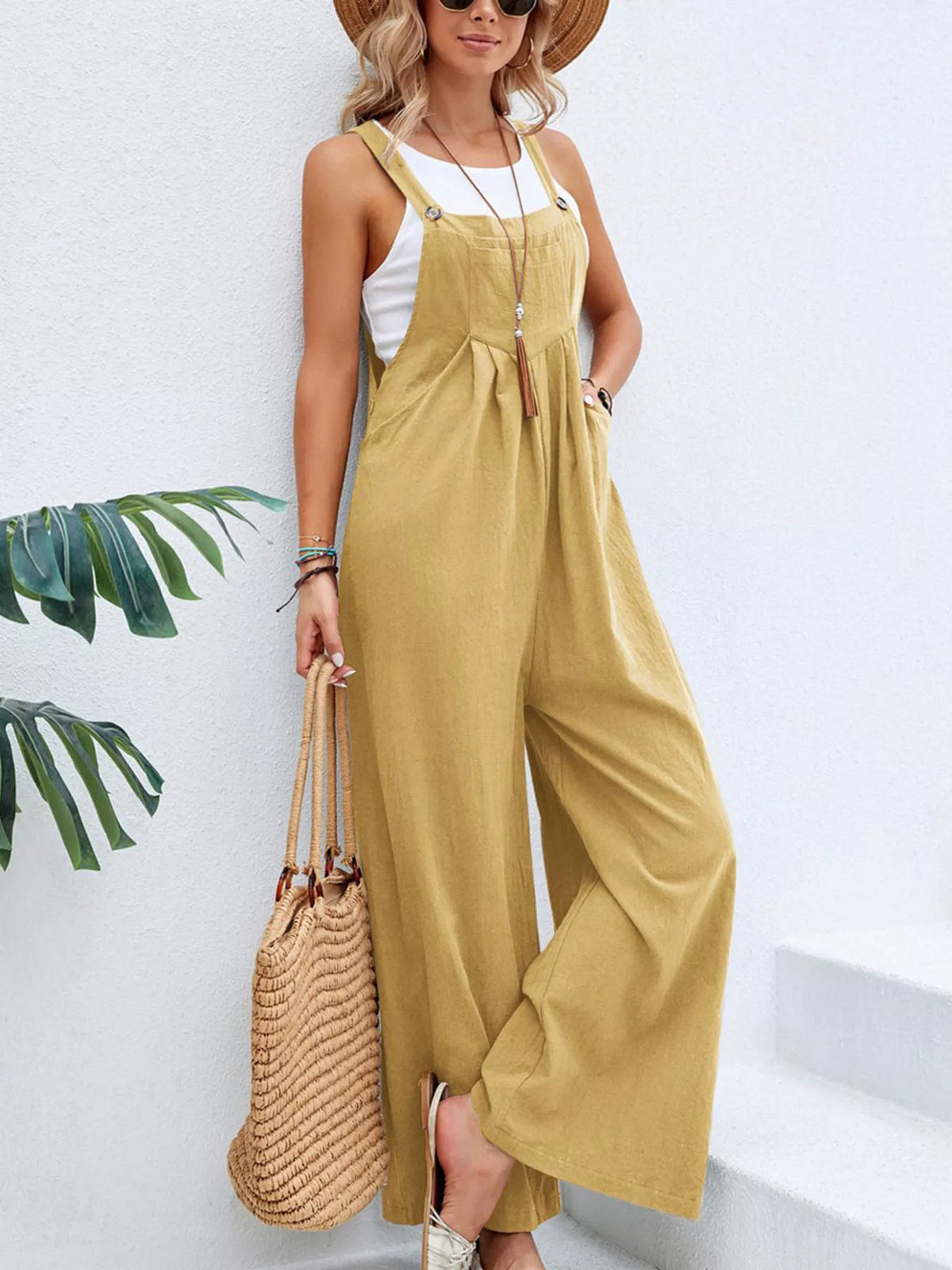 Casual Wide-Leg Overalls with Pockets